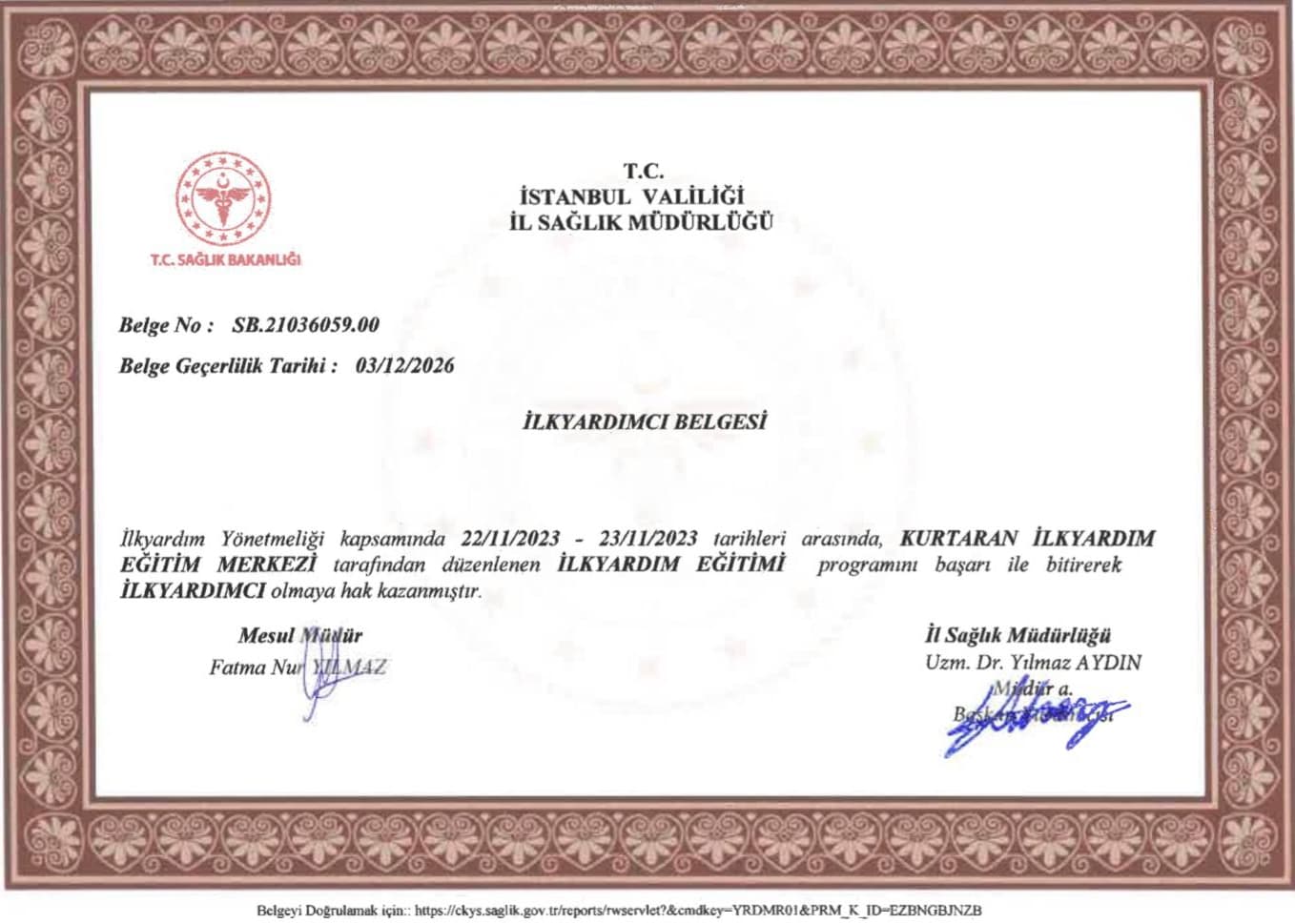 İlk Yardımcı Belgesi