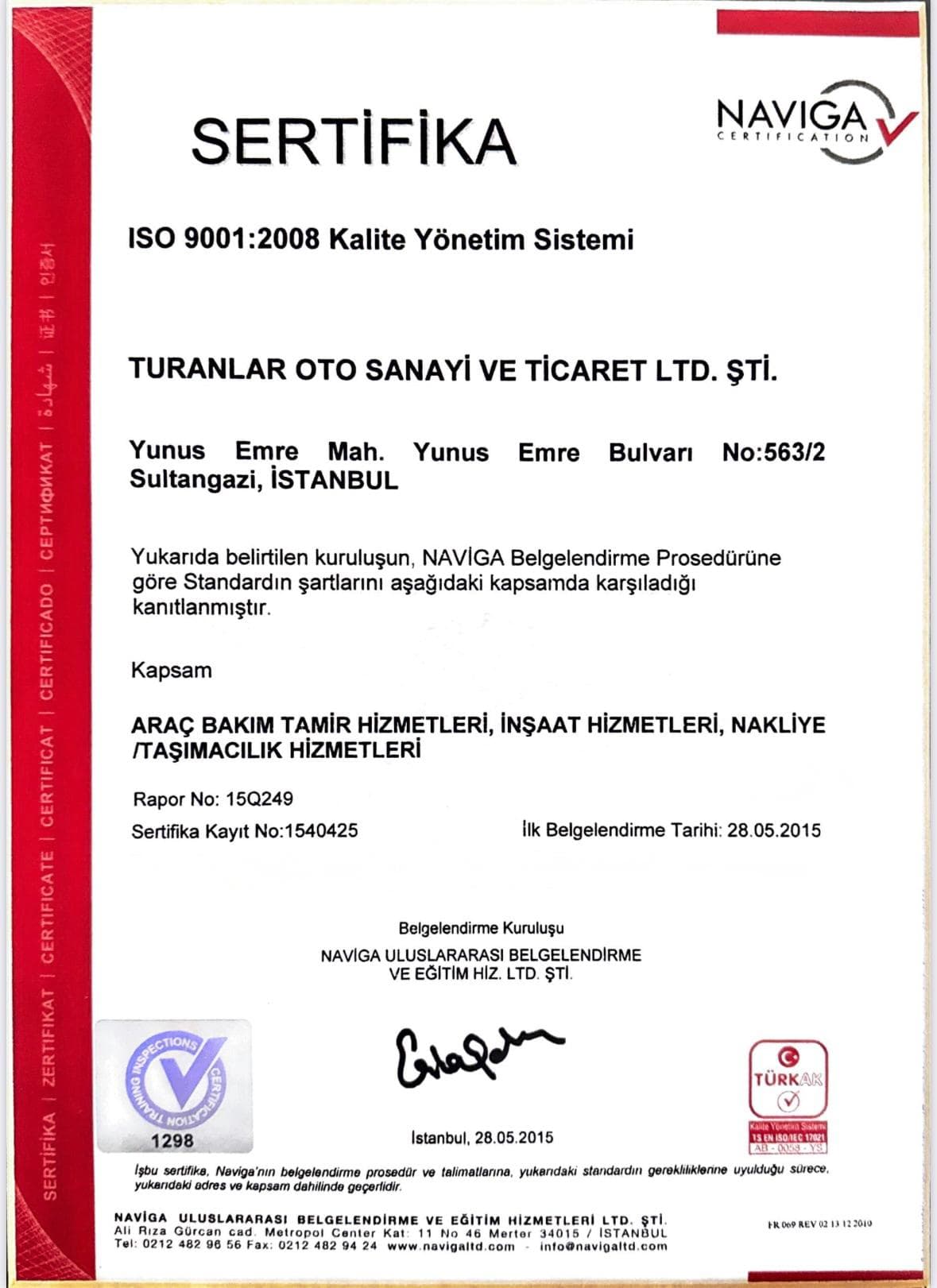 ISO-9001:2008 Kalite Yönetim Belgesi