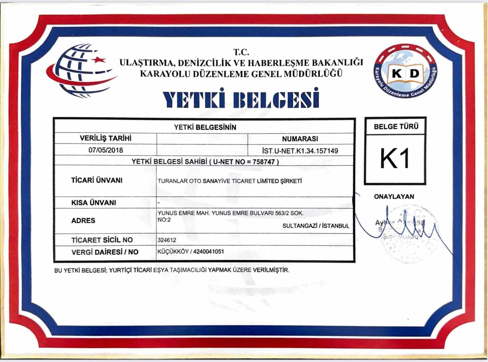 K1 Yurtiçi Taşımacılık Belgesi