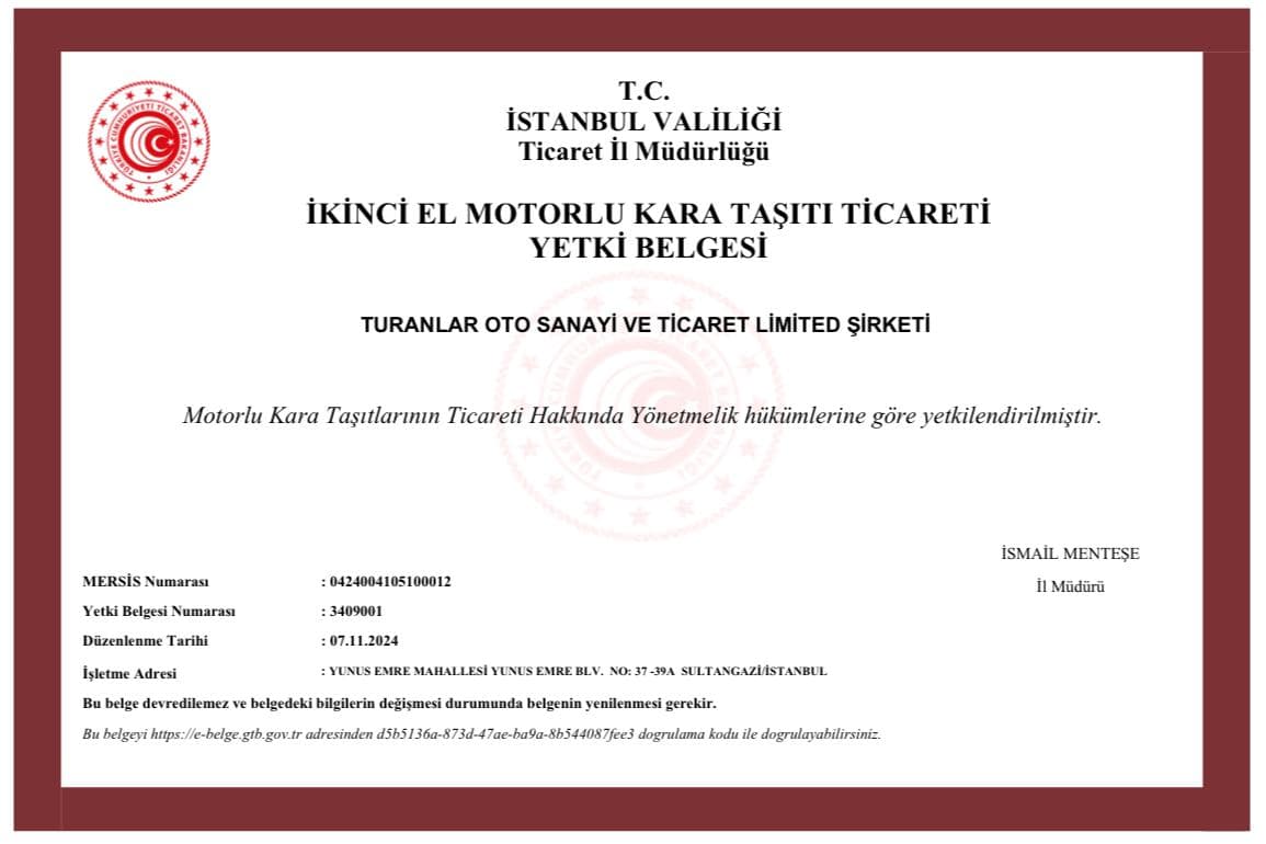 İkinci El Motorlu Kara Taşıtı Ticareti Yetki Belgesi