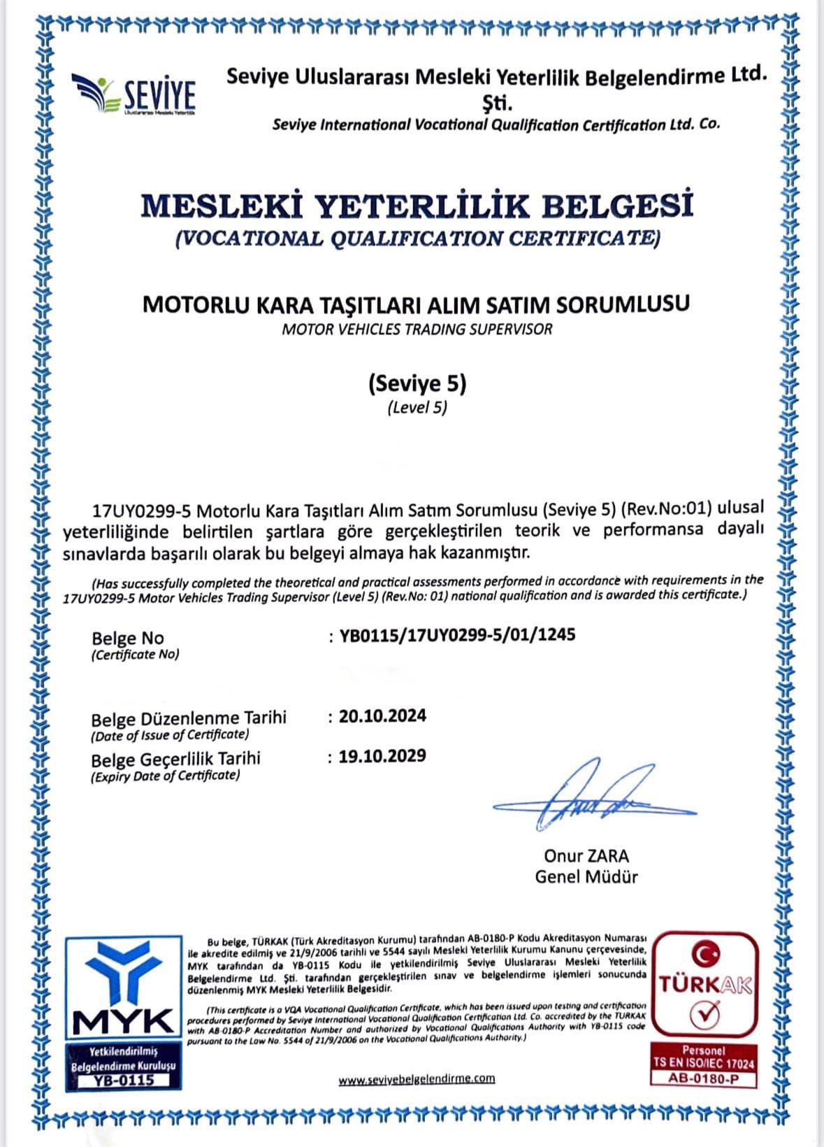 Mesleki Yeterlilik Belgesi